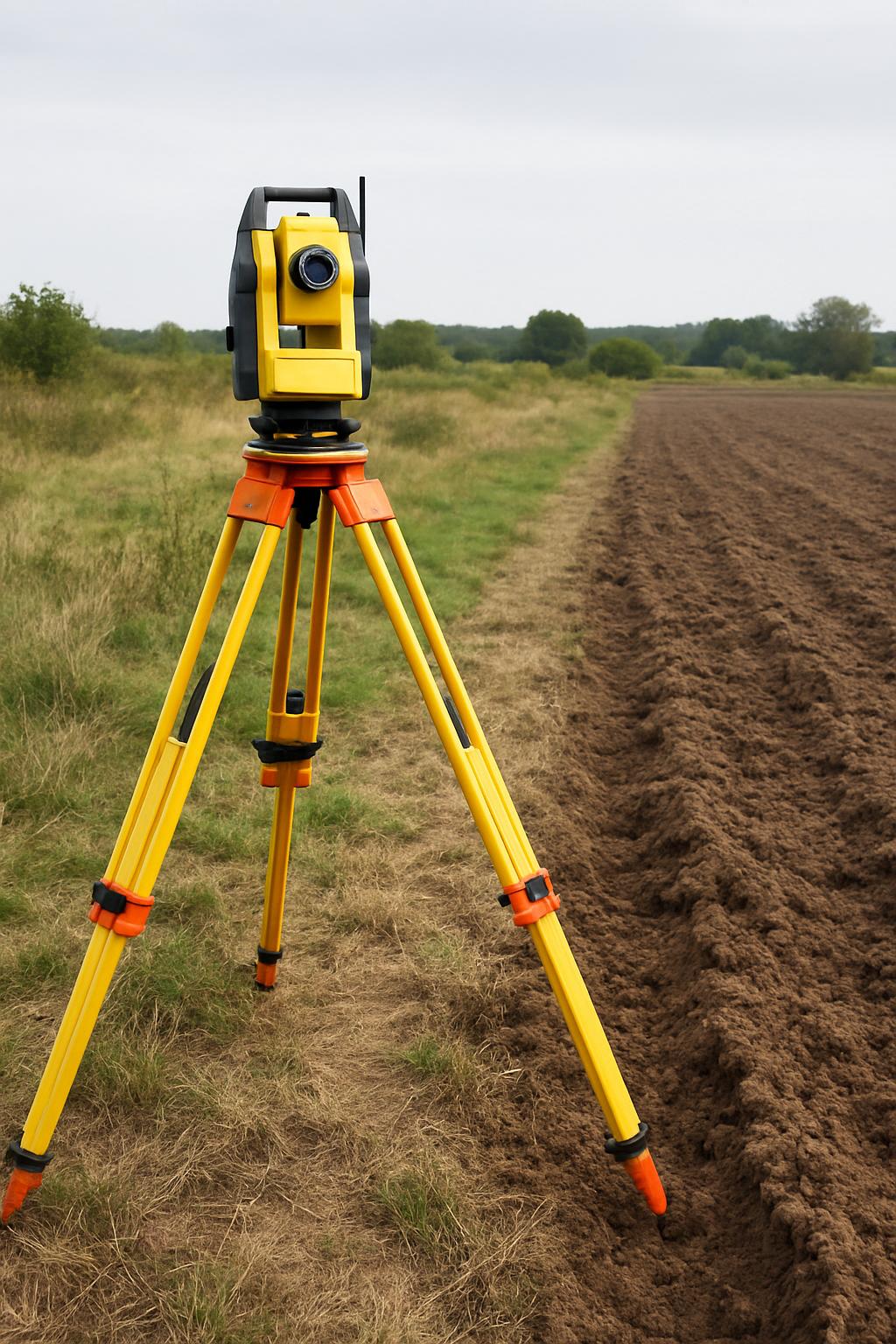 A yellow and orange tripod standing in a field, with a device on top that appears to be a surveying tool.