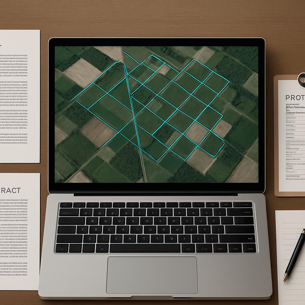 A laptop displaying a map with lines on it, alongside a clipboard with a form, a pen and papers on a wooden desk.