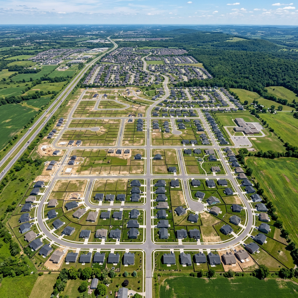 Aerial view of suburban neighborhood with houses, roads, and green fields